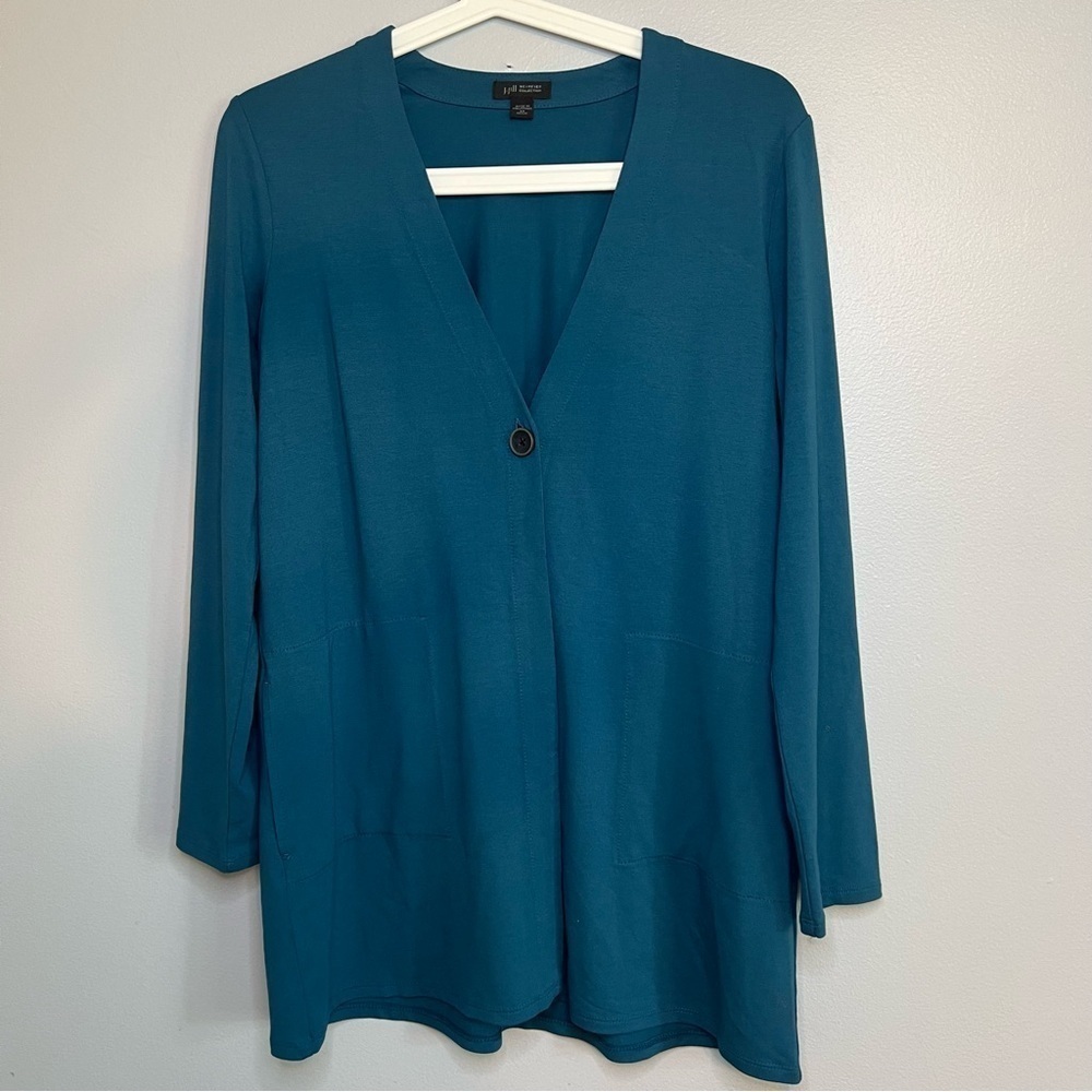 J. JILL WOMEN'S TUNIC TEAL KNIT ONE BUTTON CARDIGAN SWEATER LG SLEEVE Size XS S